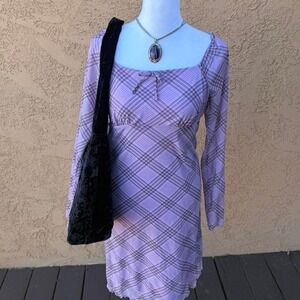 Lavender plaid square neck mini dress